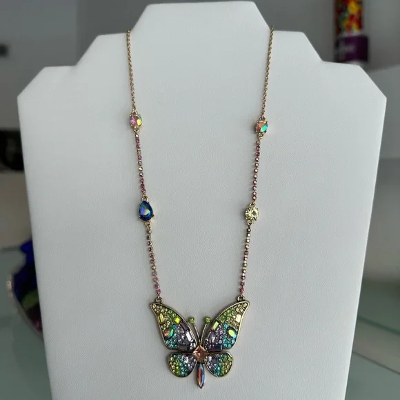 Betsey Johnson Multicolor Butterfly Crystal Necklace Gold tone - Picture 2 of 5